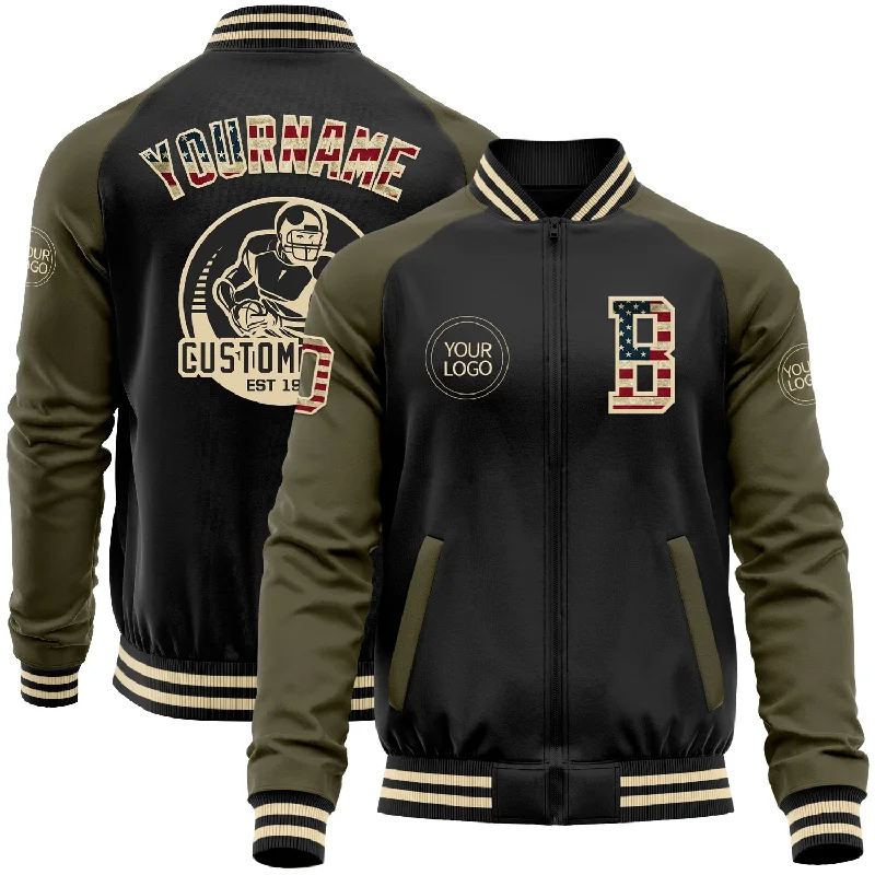 Cool Utility Jacket for Outdoor and Everyday Wear-Custom Black Vintage USA Flag Olive-Cream Bomber Varsity Letterman Two Tone Zipper Jacket