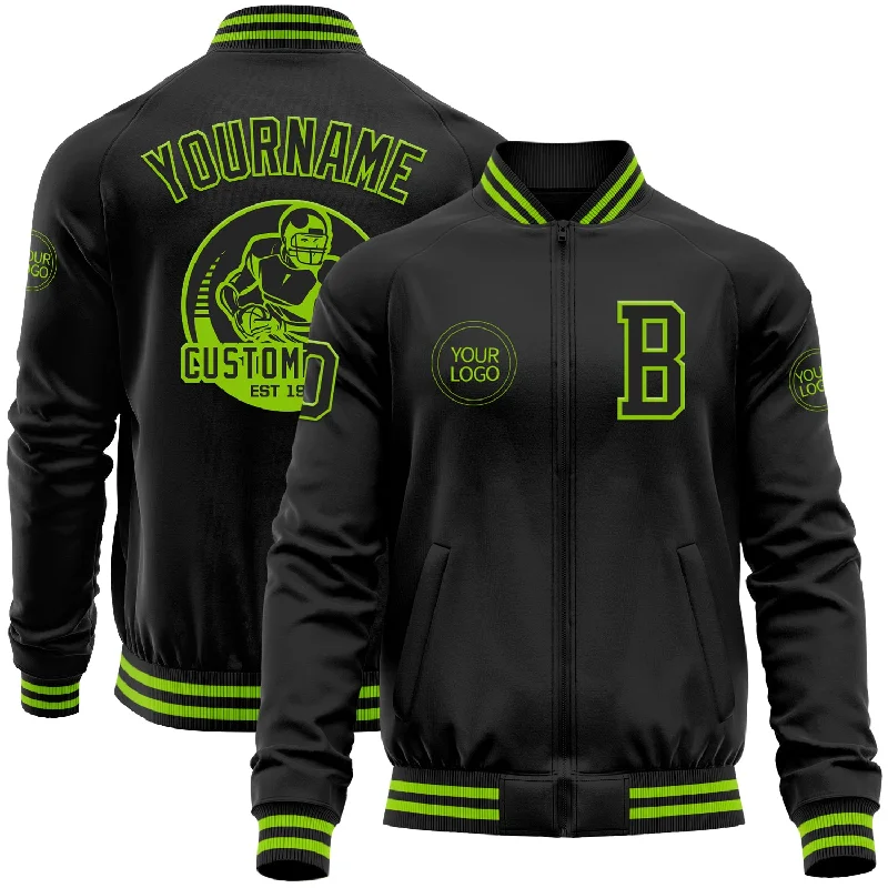 Versatile Zip Jacket for Travel and Leisure-Custom Black Neon Green Bomber Varsity Letterman Zipper Jacket