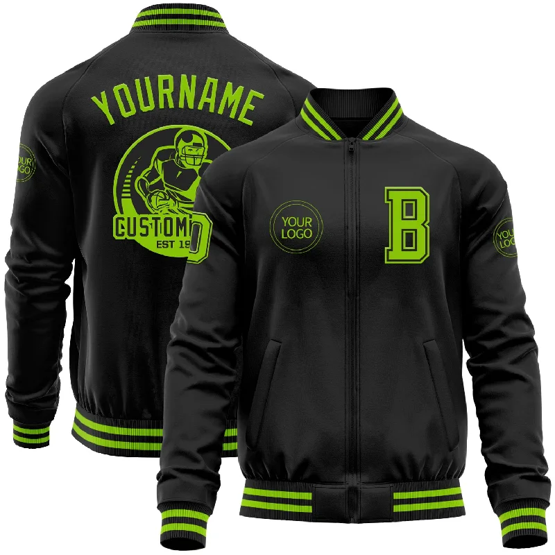 Sports Training Jacket for Comfort and Performance-Custom Black Neon Green Bomber Varsity Letterman Zipper Jacket