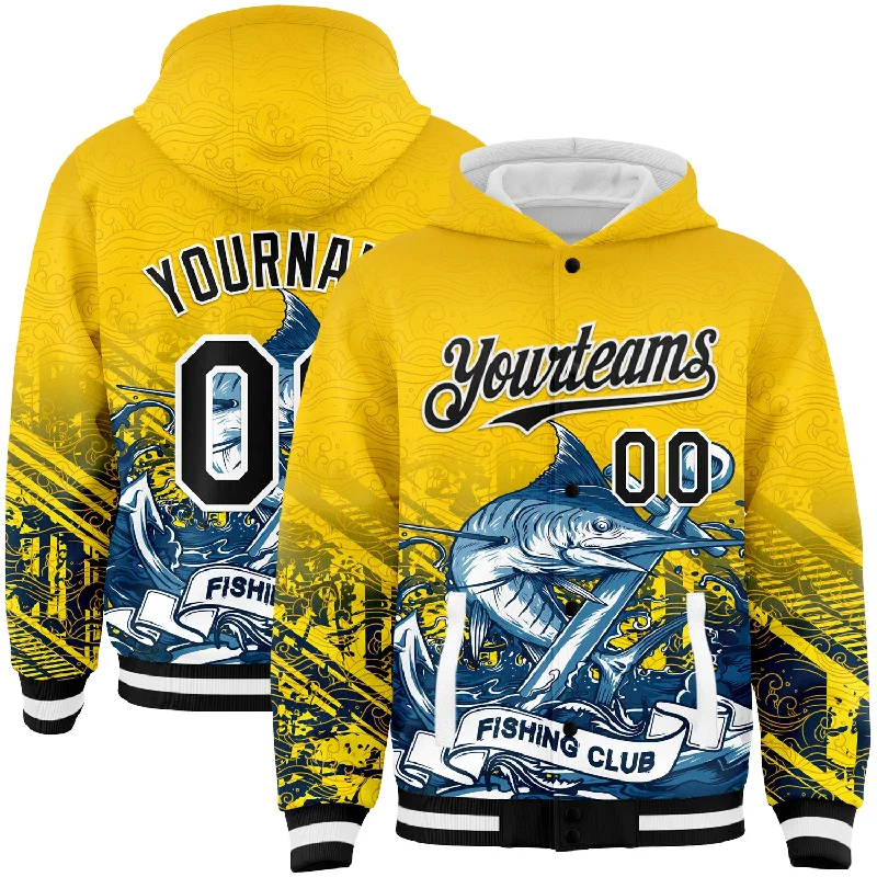 Street-Inspired Hoodie for Urban Fashion-Custom Gold Black-White Marlin Fish Fishing 3D Bomber Full-Snap Varsity Letterman Hoodie Jacket