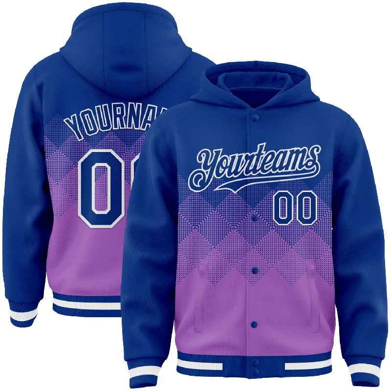 Unisex Hooded Sweatshirt for Casual Comfort-Custom Royal Medium Purple-White Gradient Square Shape 3D Pattern Design Bomber Full-Snap Varsity Letterman Hoodie Jacket