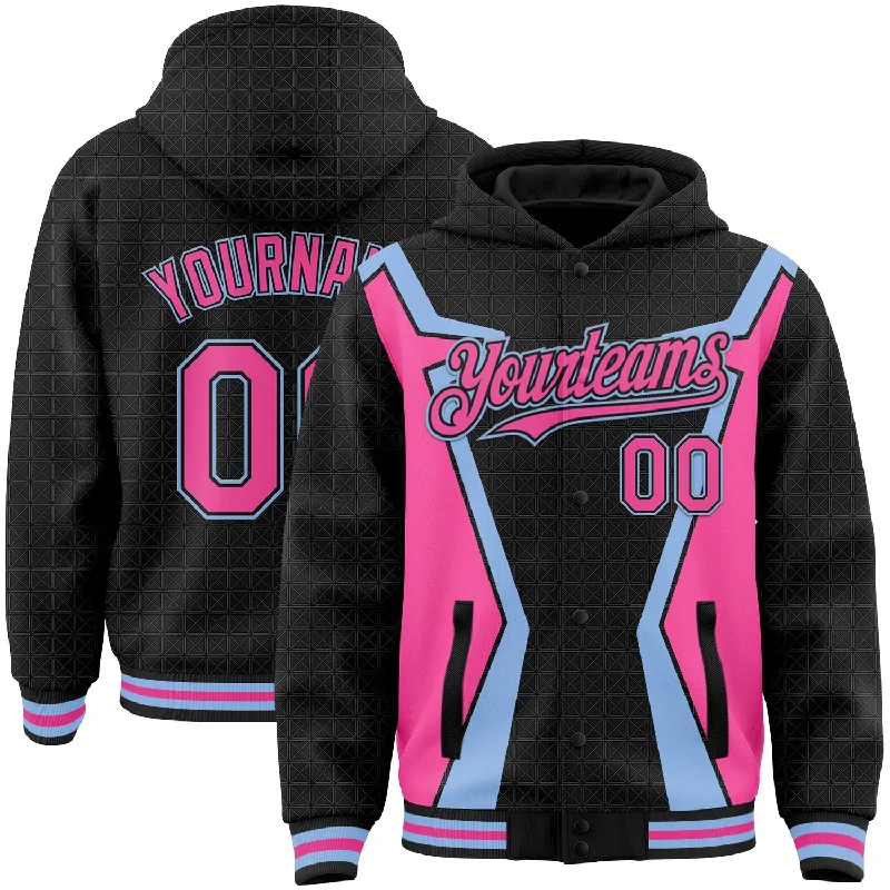 Lightweight Hoodie with Mesh Lining for Ventilation-Custom Black Pink-Light Blue Arrow 3D Pattern Design Bomber Full-Snap Varsity Letterman Hoodie Jacket