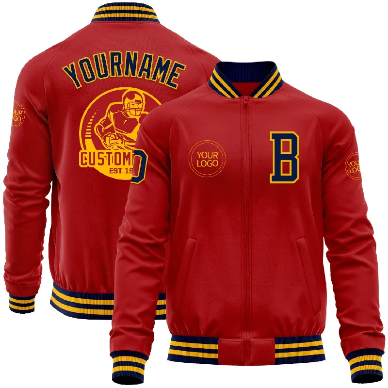 Lightweight Fleece Zip-Up Jacket for Layering-Custom Red Navy-Gold Bomber Varsity Letterman Zipper Jacket