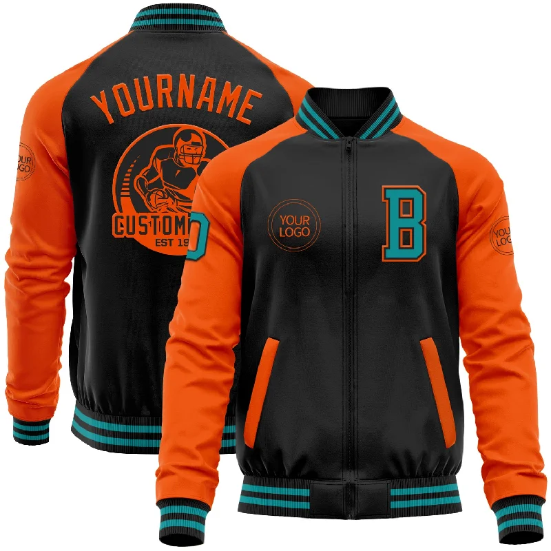 Reflective Jacket for Running and Cycling-Custom Black Teal-Orange Bomber Varsity Letterman Two Tone Zipper Jacket