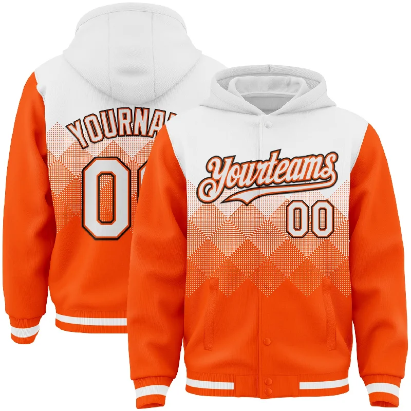 High-Quality Performance Hoodie for Fitness Enthusiasts-Custom White Orange-Black Gradient Square Shape 3D Pattern Design Bomber Full-Snap Varsity Letterman Hoodie Jacket