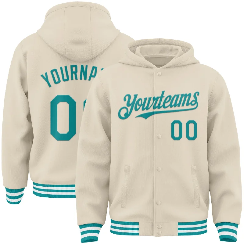 Stylish Tie-Dye Hoodie for Unique Look-Custom Cream Teal-White Bomber Full-Snap Varsity Letterman Hoodie Jacket