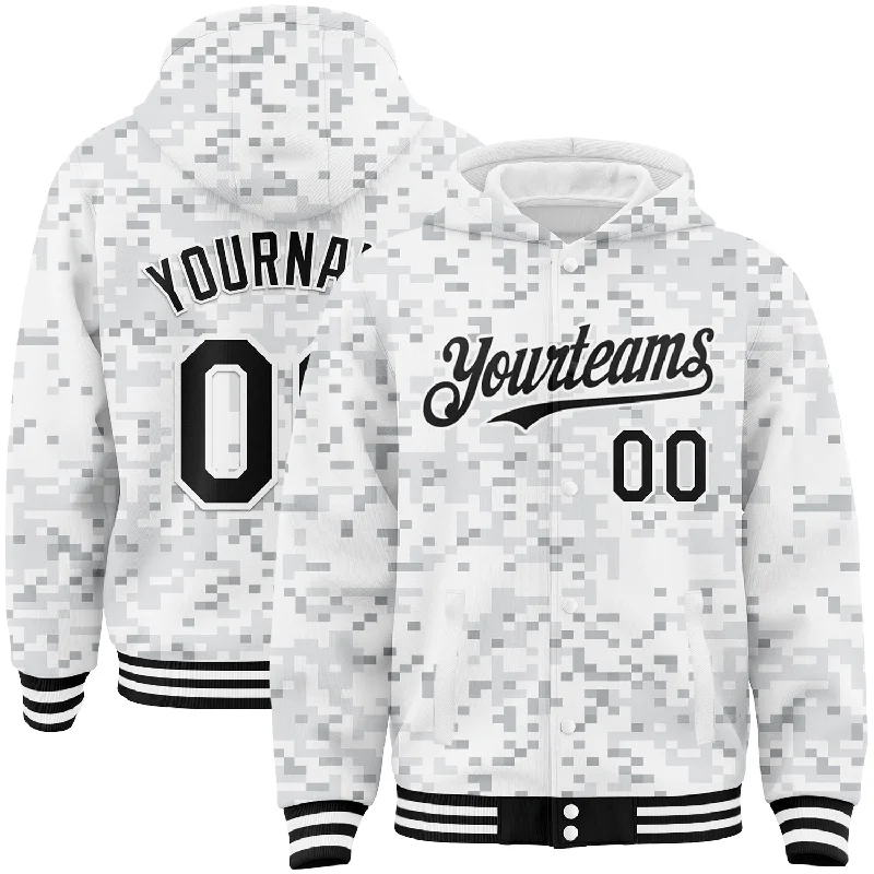 Lightweight Hoodie for Travel and Leisure-Custom Camo Black-White Arctic Camouflage 3D Bomber Full-Snap Varsity Letterman Salute To Service Hoodie Jacket