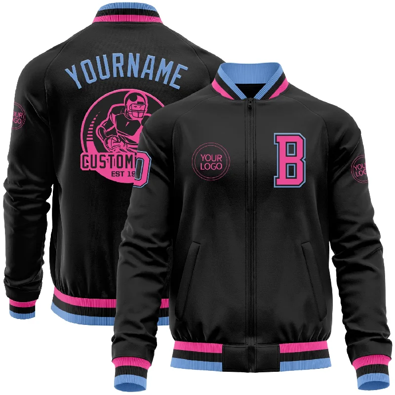 Quilted Down Jacket for Extra Warmth-Custom Black Pink-Light Blue Bomber Varsity Letterman Zipper Jacket