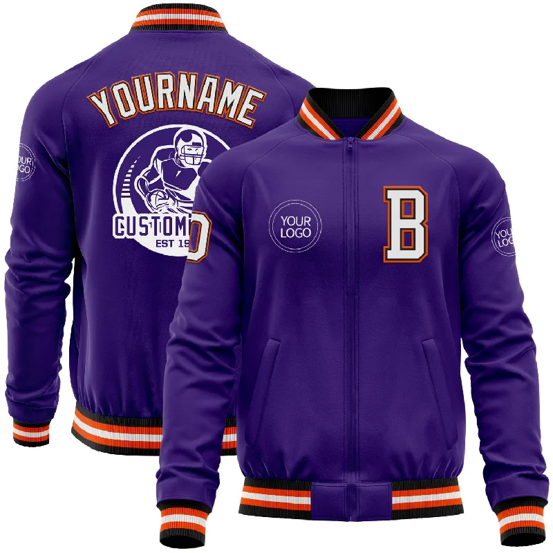 Warm Fleece Jacket for Cold Weather Comfort-Custom Purple Black-Orange Bomber Varsity Letterman Zipper Jacket