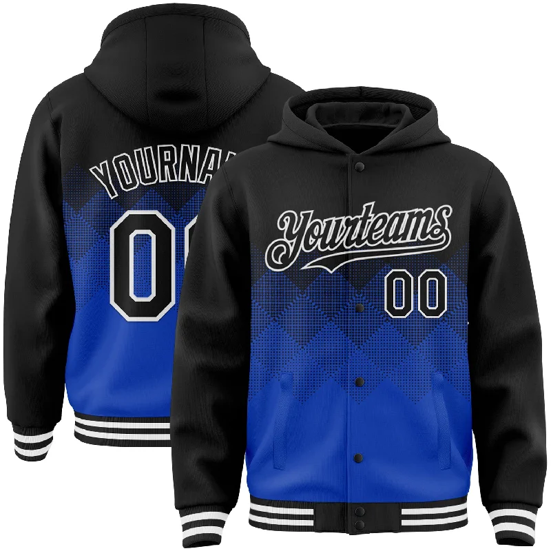 Personalized Hoodie for Custom Style-Custom Black Thunder Blue-White Gradient Square Shape 3D Pattern Design Bomber Full-Snap Varsity Letterman Hoodie Jacket