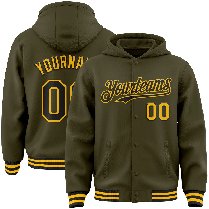 Breathable Hoodie for Summer Nights-Custom Olive Black-Gold Bomber Full-Snap Varsity Letterman Salute To Service Hoodie Jacket