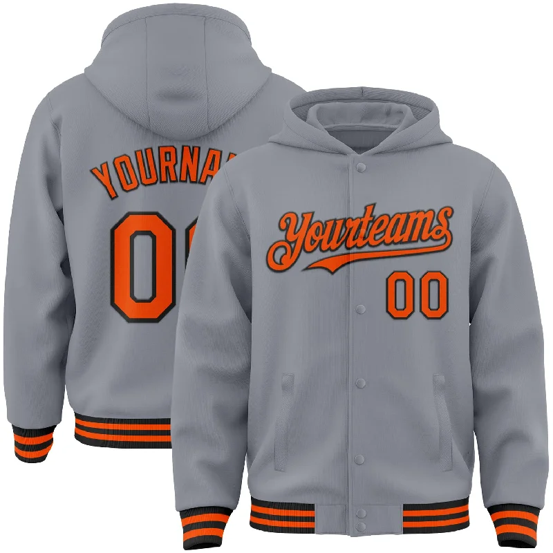 Soft Cotton Hooded Sweatshirt for Relaxed Style-Custom Gray Orange-Black Bomber Full-Snap Varsity Letterman Hoodie Jacket