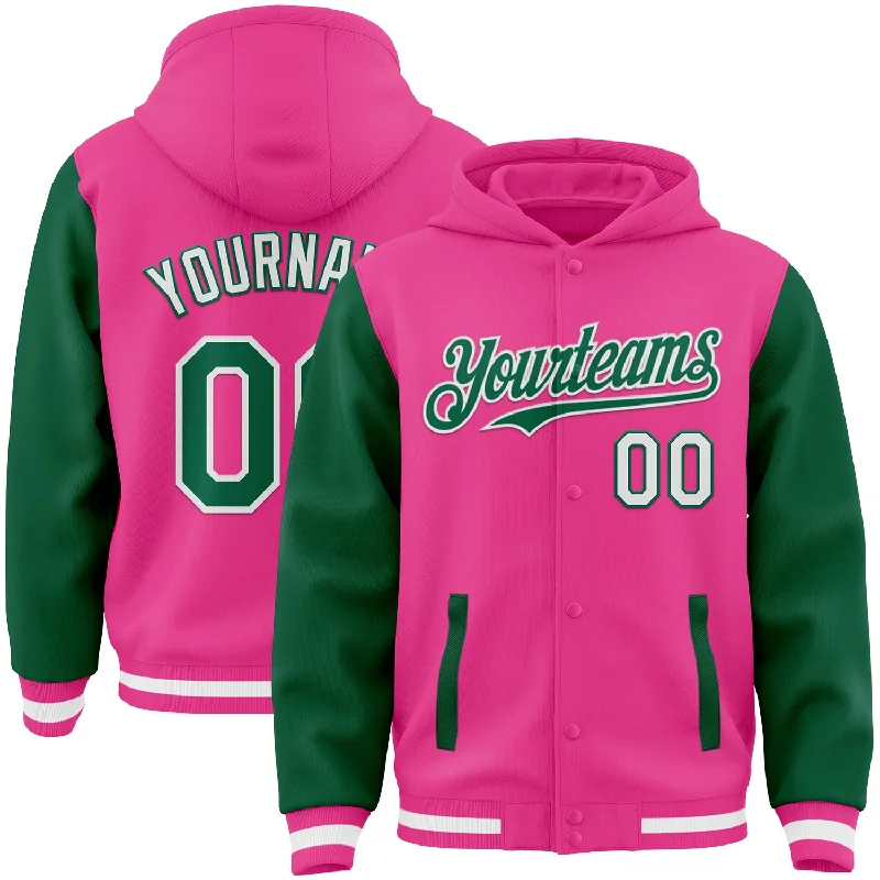 Simple Zip Hoodie for Easy Casual Style-Custom Pink Kelly Green-White Bomber Full-Snap Varsity Letterman Two Tone Hoodie Jacket