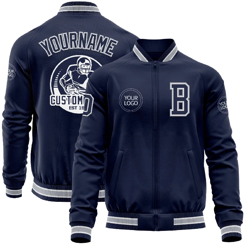 Warm Fleece Jacket for Cold Weather Comfort-Custom Navy White-Gray Bomber Varsity Letterman Zipper Jacket