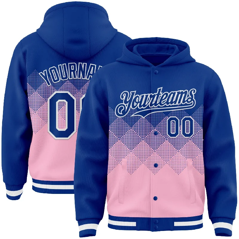 Sports Hoodie for Active Lifestyle-Custom Royal Light Pink-White Gradient Square Shape 3D Pattern Design Bomber Full-Snap Varsity Letterman Hoodie Jacket