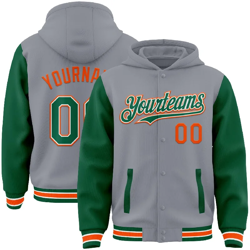 Water-Resistant Hoodie for Outdoor Exploration-Custom Gray Kelly Green-Orange Bomber Full-Snap Varsity Letterman Two Tone Hoodie Jacket