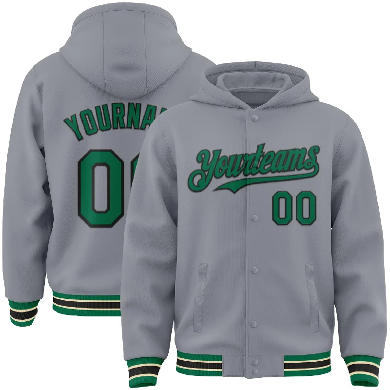 Soft Cotton Hooded Sweatshirt for Comfort-Custom Gray Kelly Green Black-Cream Bomber Full-Snap Varsity Letterman Hoodie Jacket