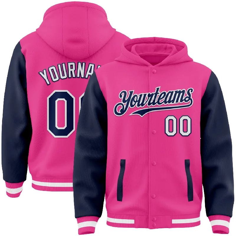 Warm Knit Hoodie for Layering on Cold Days-Custom Pink Navy-White Bomber Full-Snap Varsity Letterman Two Tone Hoodie Jacket