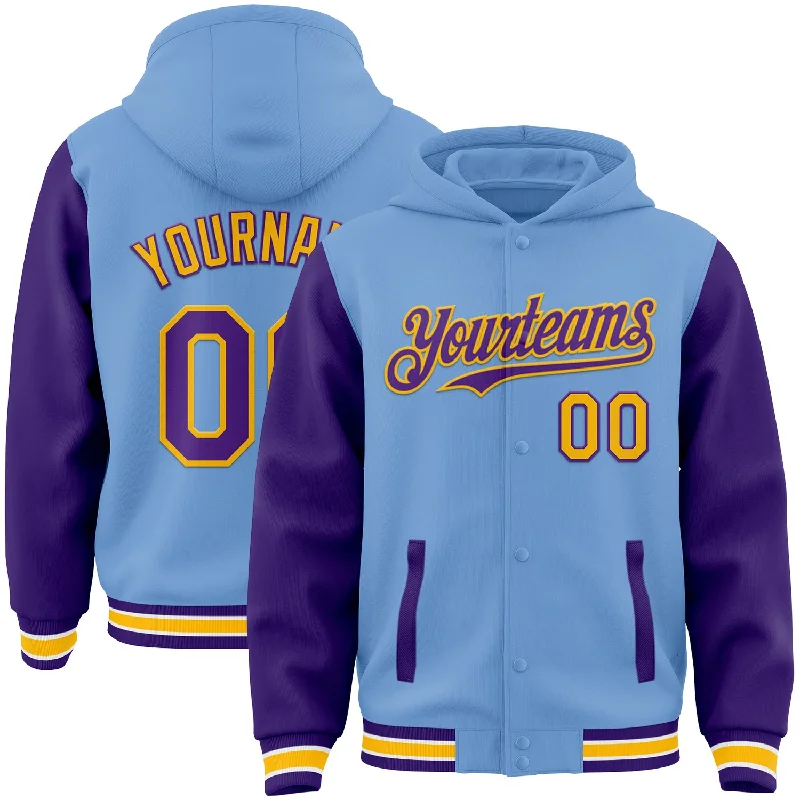 Luxe Hoodie with Cashmere Blend for Softness-Custom Light Blue Purple-Gold Bomber Full-Snap Varsity Letterman Two Tone Hoodie Jacket