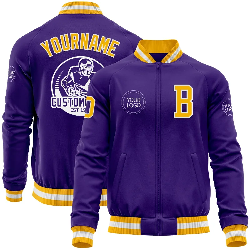 Lightweight Hiking Zip Jacket for Outdoor Exploration-Custom Purple Gold-White Bomber Varsity Letterman Zipper Jacket