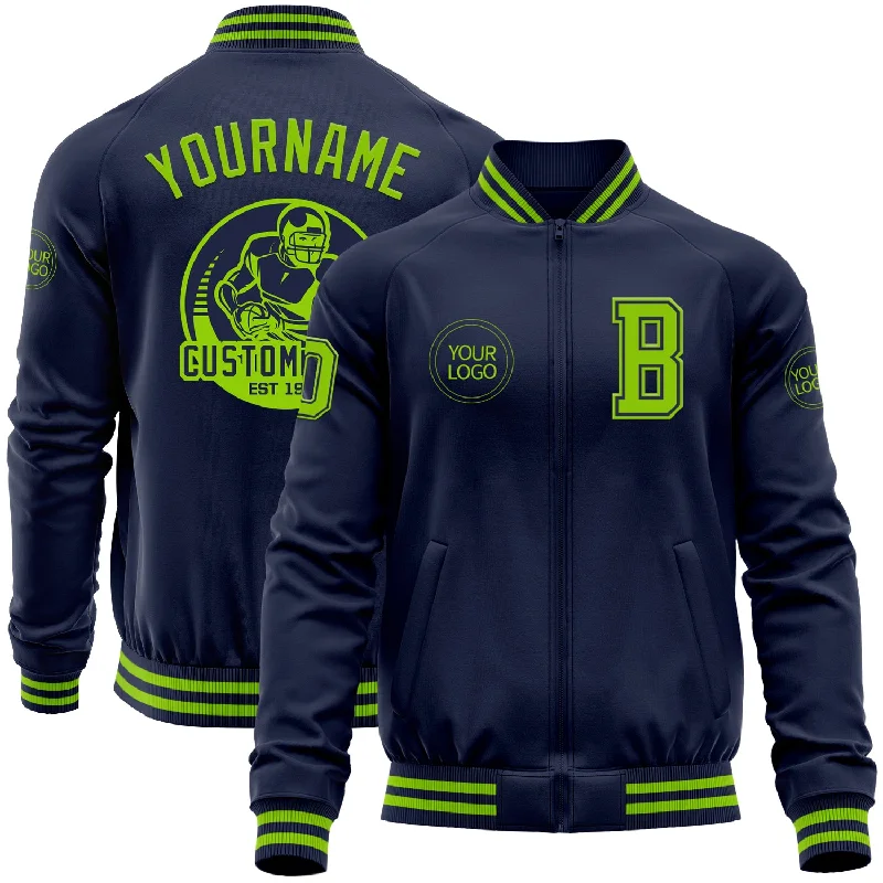 Cozy Knit Jacket for Relaxed Comfort-Custom Navy Neon Green Bomber Varsity Letterman Zipper Jacket