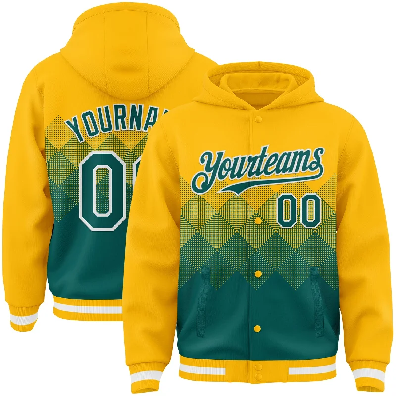 Lightweight Hoodie for Travel and Leisure-Custom Gold Midnight Green-White Gradient Square Shape 3D Pattern Design Bomber Full-Snap Varsity Letterman Hoodie Jacket