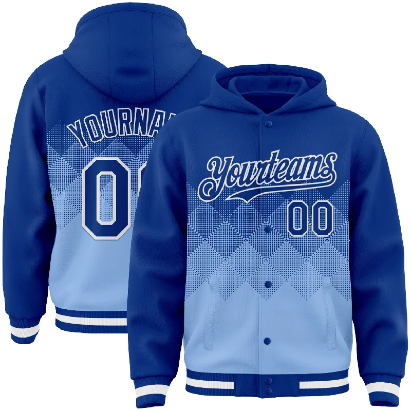 Cozy Pullover Hoodie for Relaxing at Home-Custom Royal Light Blue-White Gradient Square Shape 3D Pattern Design Bomber Full-Snap Varsity Letterman Hoodie Jacket