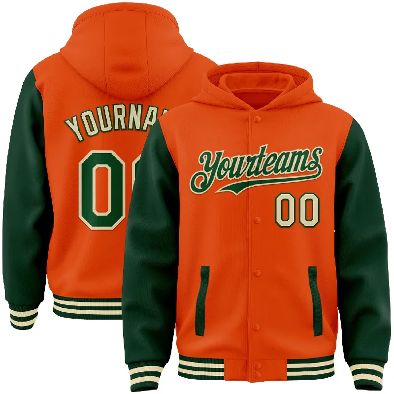 Functional Hoodie for Outdoor Activities-Custom Orange Green-Cream Bomber Full-Snap Varsity Letterman Two Tone Hoodie Jacket