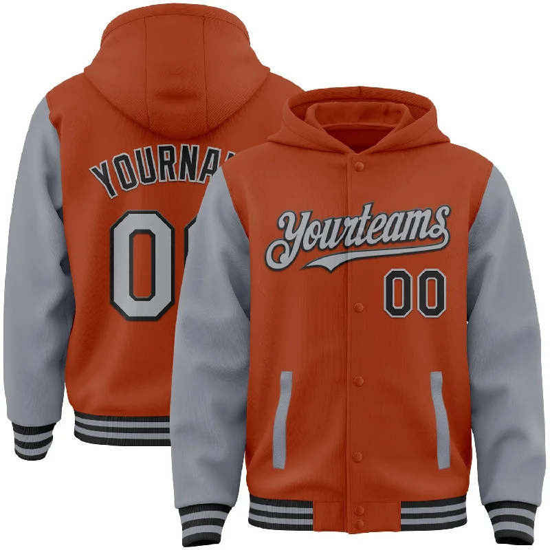 Classic Crewneck Hoodie for Timeless Style-Custom Texas Orange Gray-Black Bomber Full-Snap Varsity Letterman Two Tone Hoodie Jacket