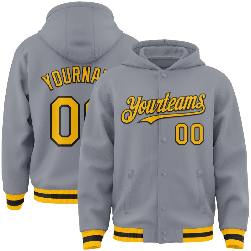 Zip-Up Hoodie for Easy on-the-Go Wear-Custom Gray Gold-Black Bomber Full-Snap Varsity Letterman Hoodie Jacket