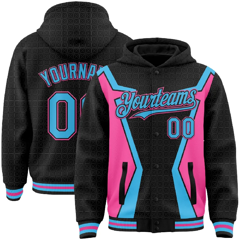 Urban Hoodie for Street Chic Look-Custom Black Sky Blue-Pink Arrow 3D Pattern Design Bomber Full-Snap Varsity Letterman Hoodie Jacket