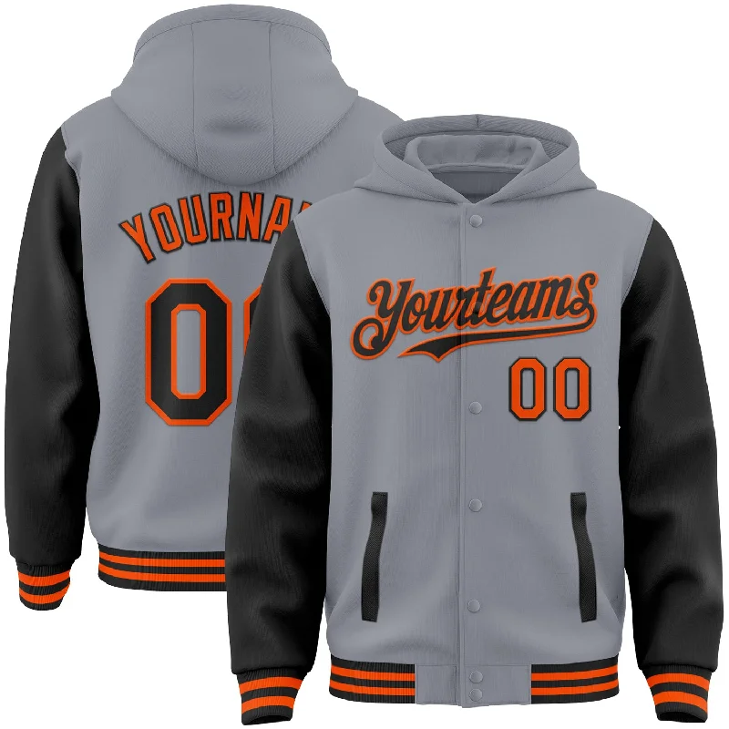 Soft Cotton Hooded Sweatshirt for Comfort-Custom Gray Black-Orange Bomber Full-Snap Varsity Letterman Two Tone Hoodie Jacket