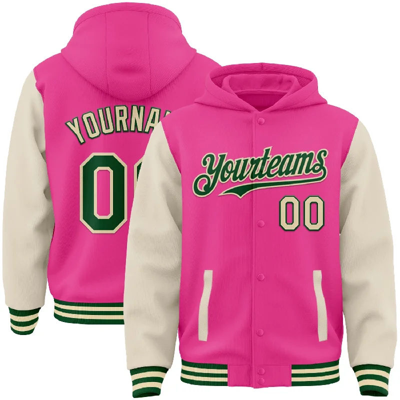 Trendy Tie-Dye Pullover Hoodie for Unique Look-Custom Pink Green-Cream Bomber Full-Snap Varsity Letterman Two Tone Hoodie Jacket