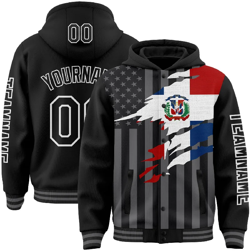 Unisex Hooded Sweatshirt for Casual Comfort-Custom Black Gray-White Dominican Republic Flag 3D Bomber Full-Snap Varsity Letterman Hoodie Jacket