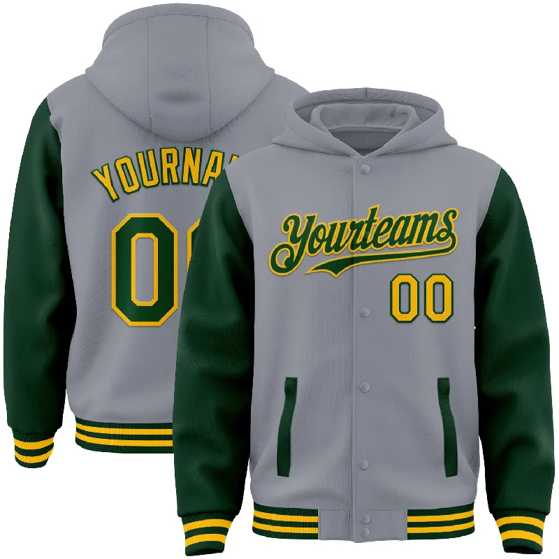 Fashion Hoodie for Trendsetters-Custom Gray Green-Gold Bomber Full-Snap Varsity Letterman Two Tone Hoodie Jacket