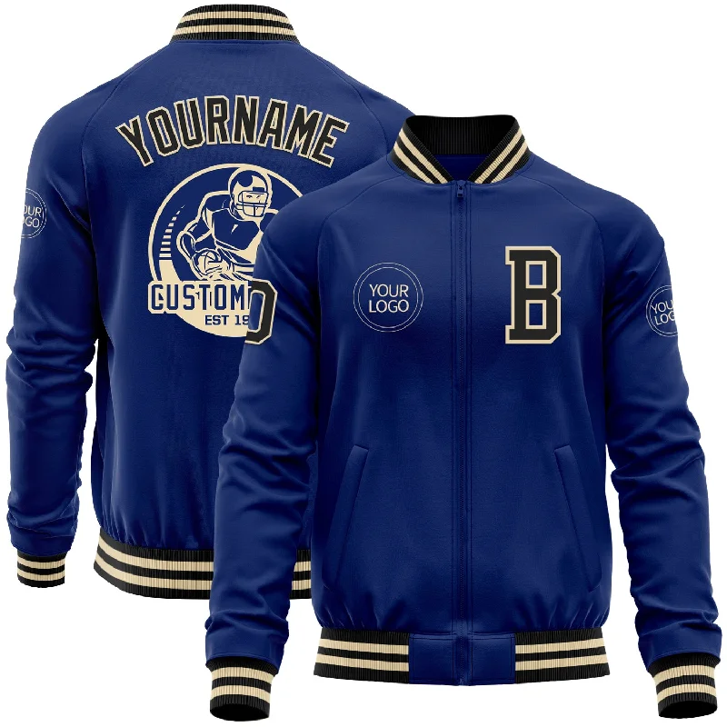 Windproof Jacket for Sports and Hiking-Custom Royal Black-Cream Bomber Varsity Letterman Zipper Jacket