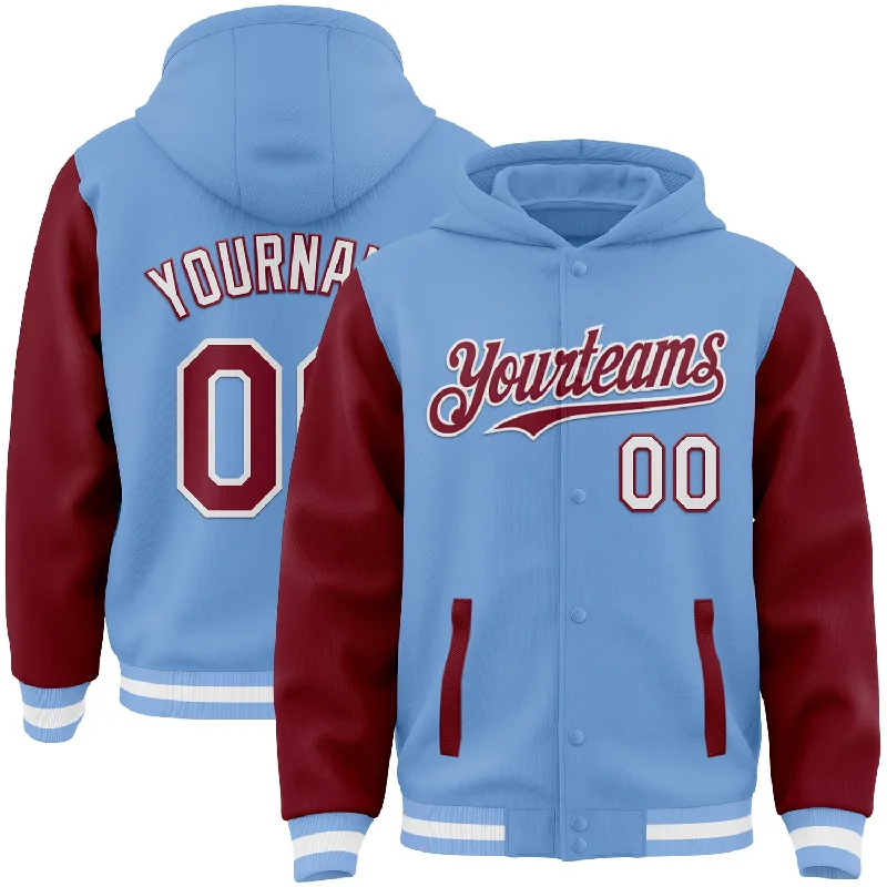 Breathable Hoodie for Summer Nights-Custom Light Blue Crimson-White Bomber Full-Snap Varsity Letterman Two Tone Hoodie Jacket