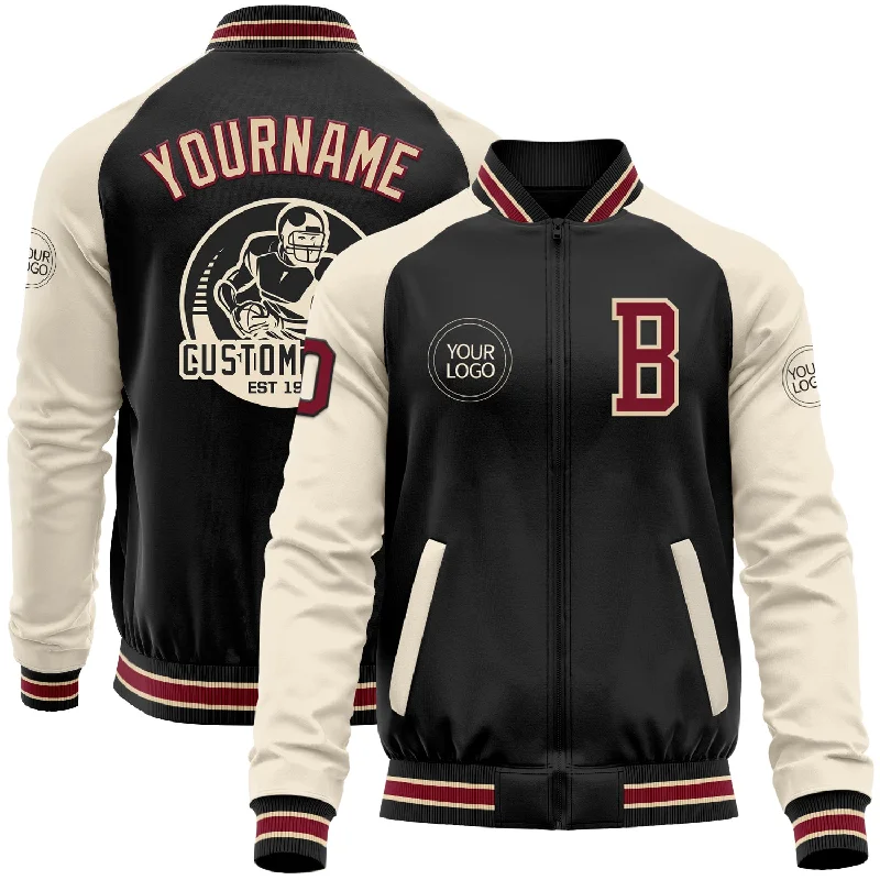 Durable Canvas Jacket for Heavy-Duty Wear-Custom Black Crimson Cream-City Cream Bomber Varsity Letterman Two Tone Zipper Jacket