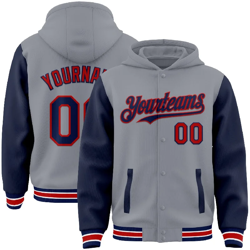 Lightweight Hoodie for Travel and Leisure-Custom Gray Navy-Red Bomber Full-Snap Varsity Letterman Two Tone Hoodie Jacket