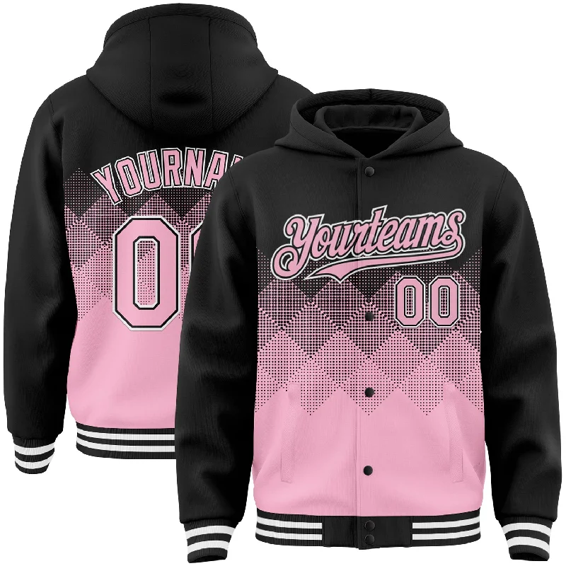 Soft Sherpa Hoodie for Extra Warmth-Custom Black Light Pink-White Gradient Square Shape 3D Pattern Design Bomber Full-Snap Varsity Letterman Hoodie Jacket