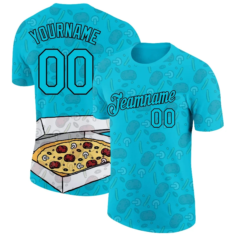 Layered Look T-Shirt for Stylish Depth-Custom Lakes Blue Black 3D Pattern Design Food Pizza Performance T-Shirt