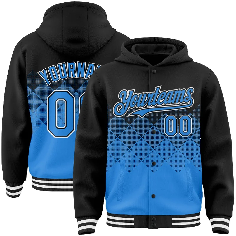 Warm Hooded Sweatshirt for Chilly Days-Custom Black Powder Blue-White Gradient Square Shape 3D Pattern Design Bomber Full-Snap Varsity Letterman Hoodie Jacket