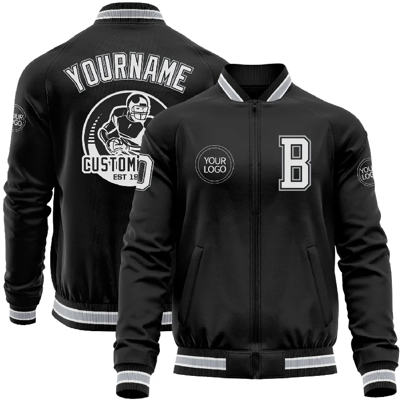 Military Green Jacket for Tough, Outdoorsy Style-Custom Black White-Gray Bomber Varsity Letterman Zipper Jacket