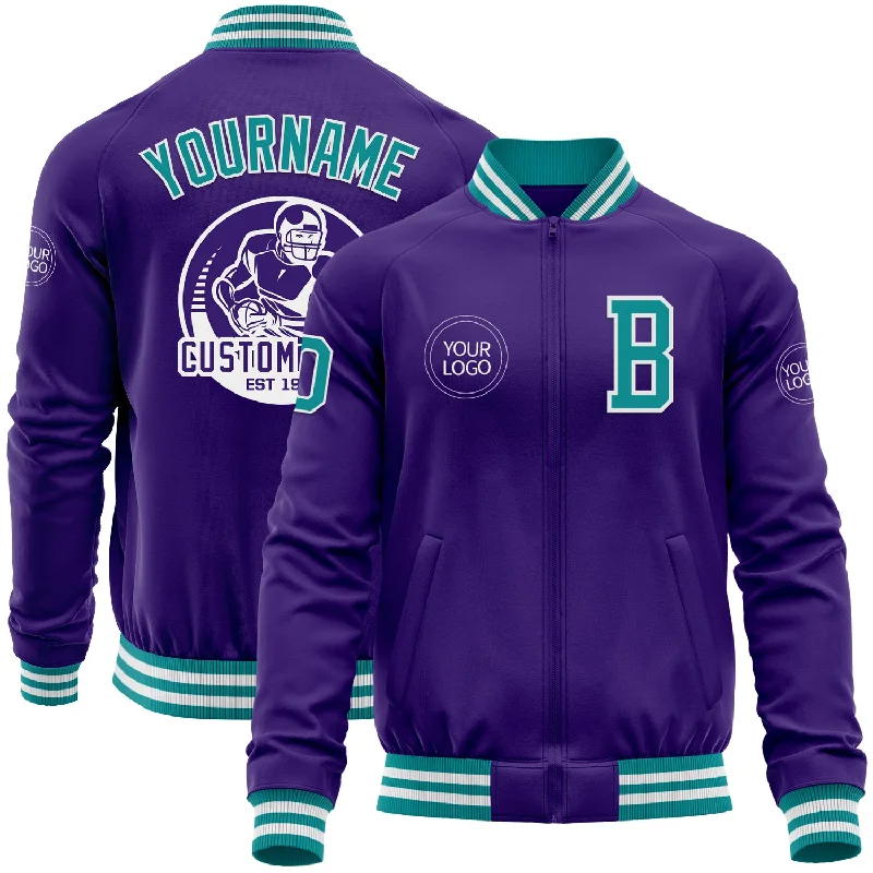 Hooded Puffer Jacket for Warmth and Style-Custom Purple Teal-White Bomber Varsity Letterman Zipper Jacket