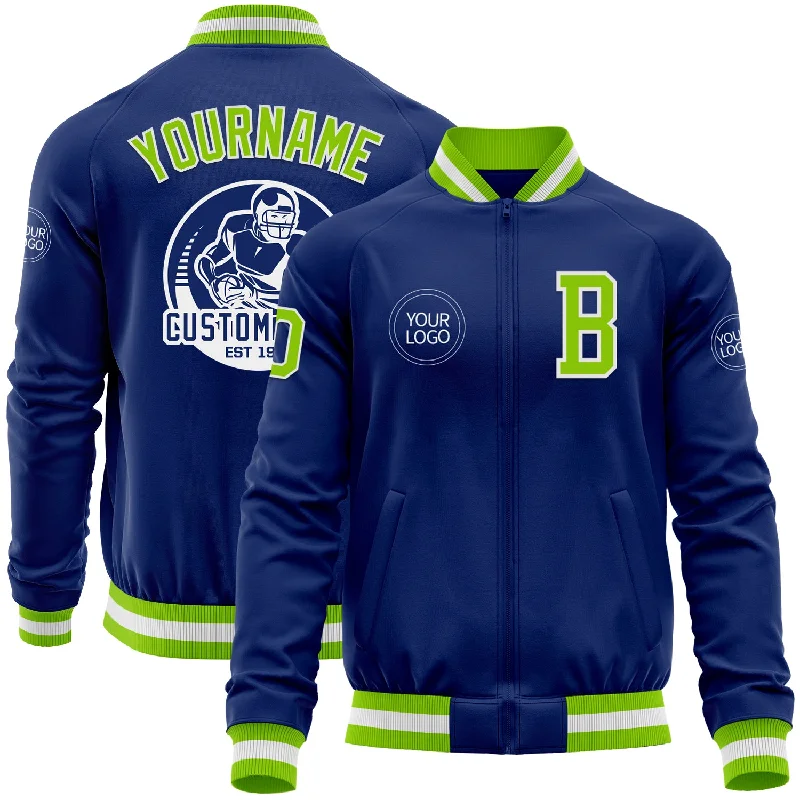 Cool Utility Jacket for Outdoor and Everyday Wear-Custom Royal Neon Green-White Bomber Varsity Letterman Zipper Jacket