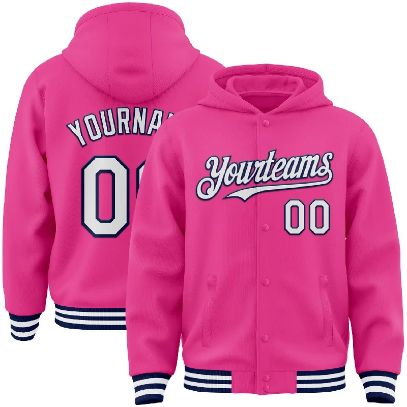 Lightweight Hoodie with Mesh Lining for Ventilation-Custom Pink White-Navy Bomber Full-Snap Varsity Letterman Hoodie Jacket