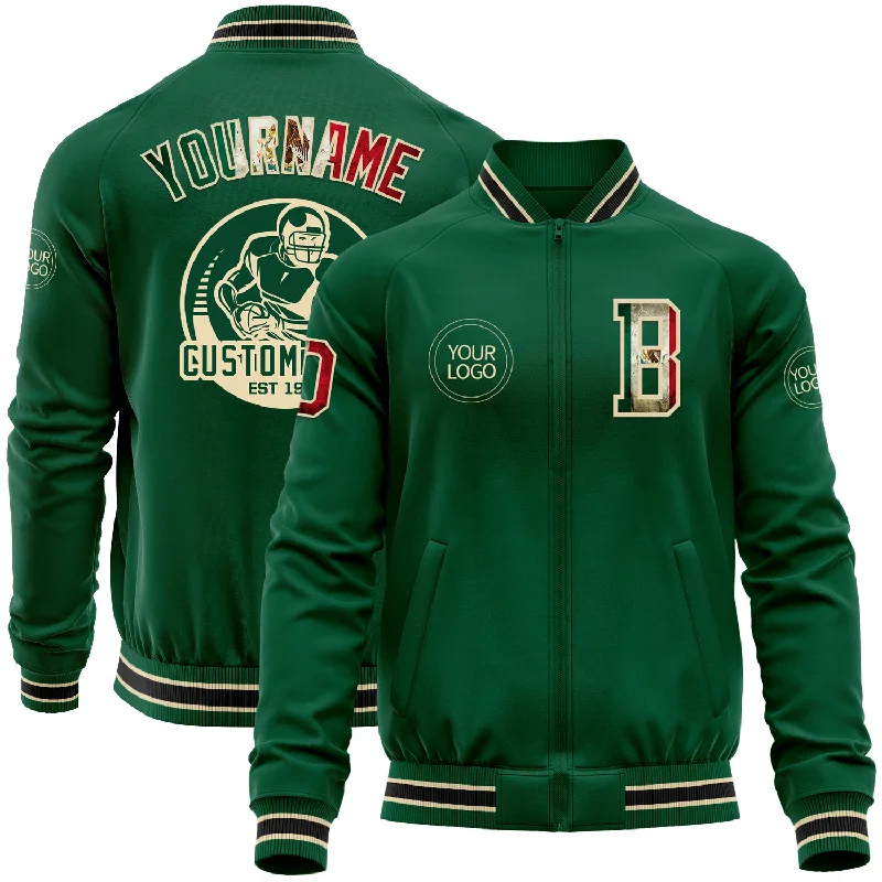 Stylish Statement Jacket for Fashion-Forward Looks-Custom Kelly Green Vintage Mexican Flag Cream-Black Bomber Varsity Letterman Zipper Jacket