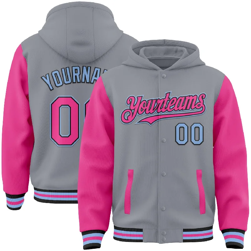 Athletic-Fit Hoodie for Sports and Fitness-Custom Gray Pink Black-Light Blue Bomber Full-Snap Varsity Letterman Two Tone Hoodie Jacket