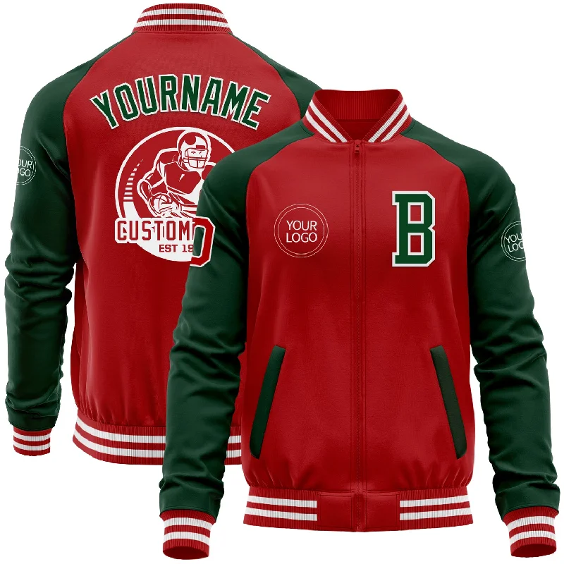 Athletic Zip-Up Jacket for Workout Gear-Custom Red Green-White Bomber Varsity Letterman Two Tone Zipper Jacket