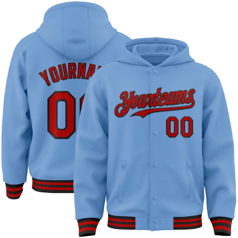 Classic Black Hoodie for Timeless Wear-Custom Light Blue Red-Black Bomber Full-Snap Varsity Letterman Hoodie Jacket